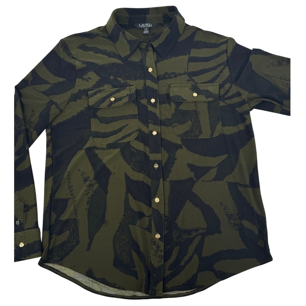 Lauren Ralph Lauren Blouse Women L Green Tiger Print Camo Utility Safari‎